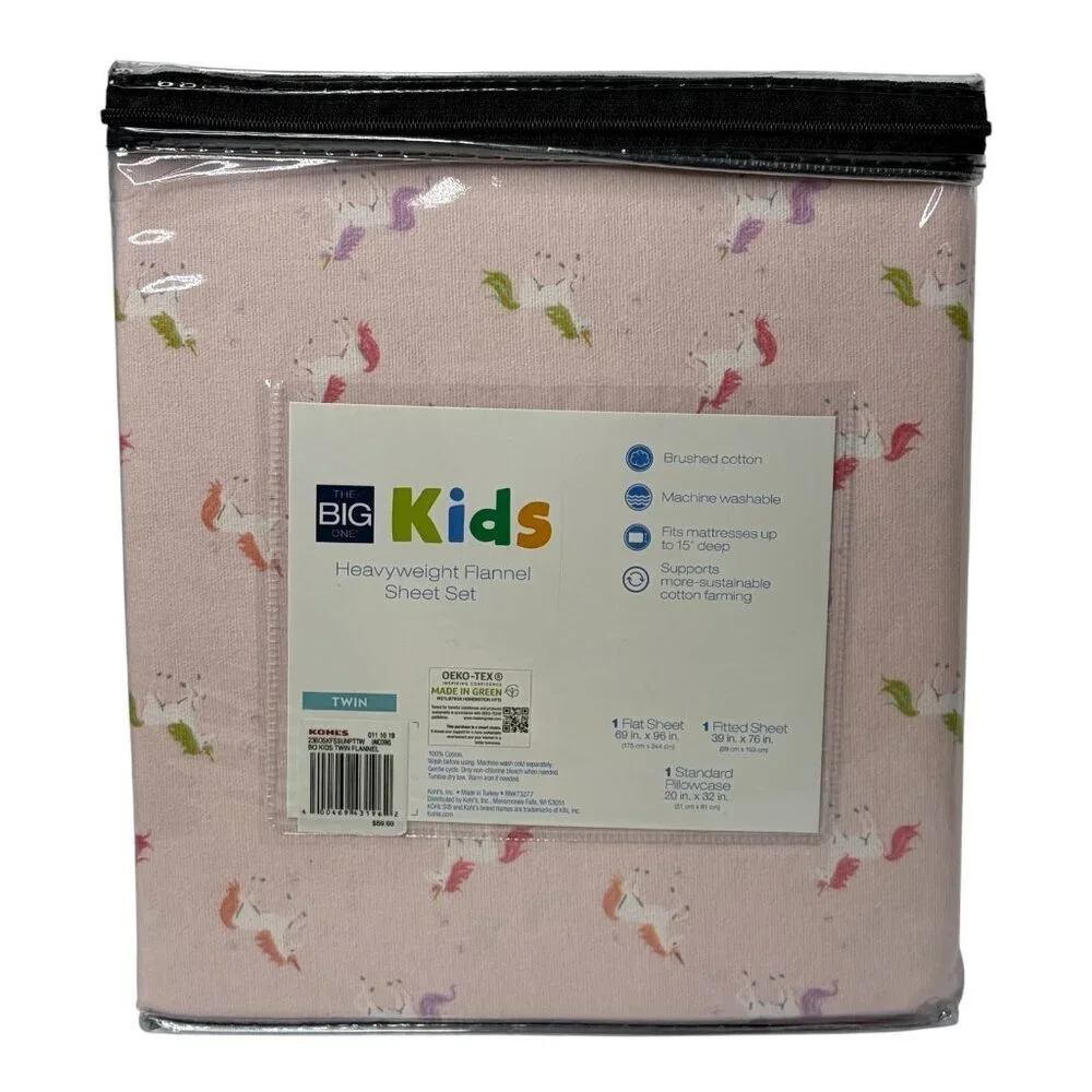 Big One Heavyweight Twin Size 100% Cotton FLANNEL Sheet Set Pink Unicorn New